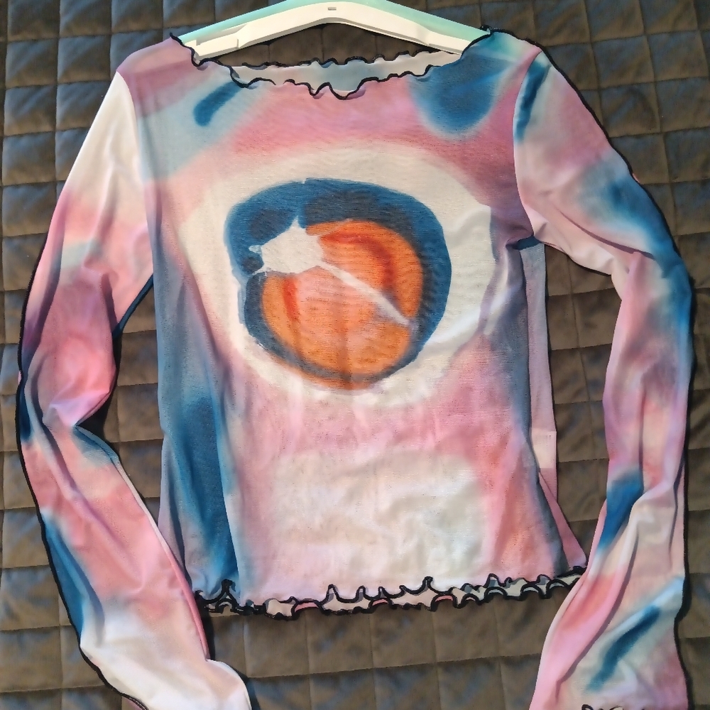 Pink and Blue Ribbed Crop Blouse